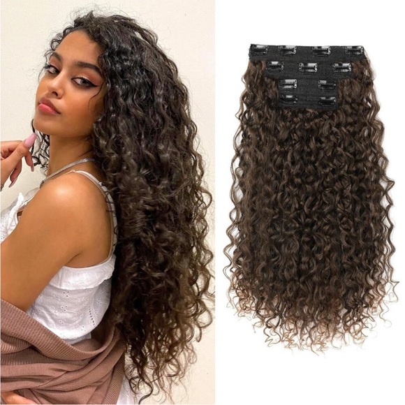New 4PC 20" Dark Almond Brown with Copper Curly Hair Clip-in Hair Extensions - Picture 1 of 6